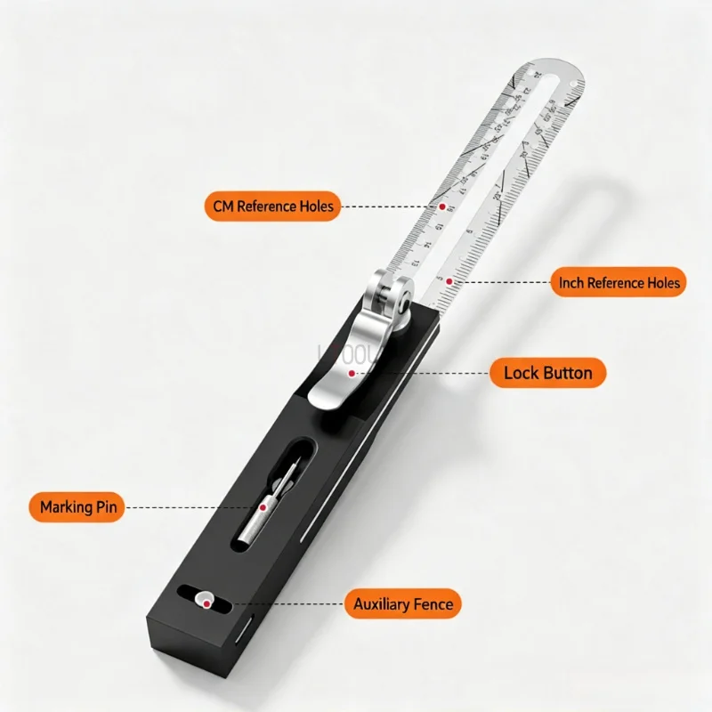 Multi‑Function Woodworking Marking Ruler Adjustable Angle Layout Tool Hole Drilling Positioning Gauge with Anti‑Slip Lock Ruler