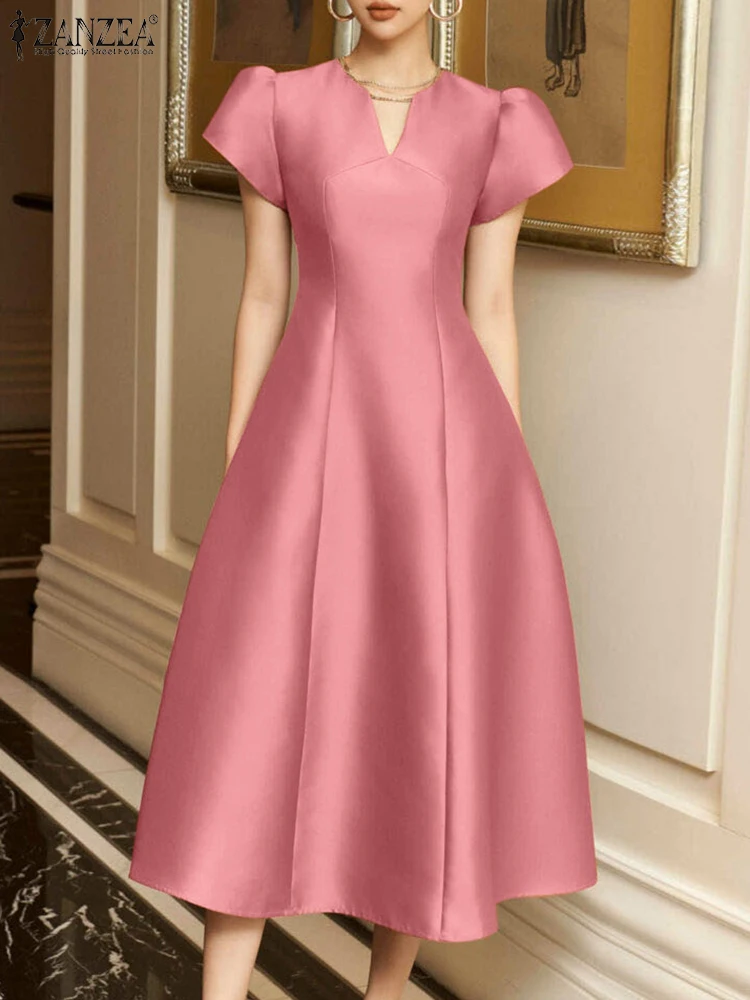 ZANZEA Summer Women Dress 2025 Elegant Sexy V-neck Short Sleeve Waisted Party Holiday Sundress Fashion A-line Stitching Robe