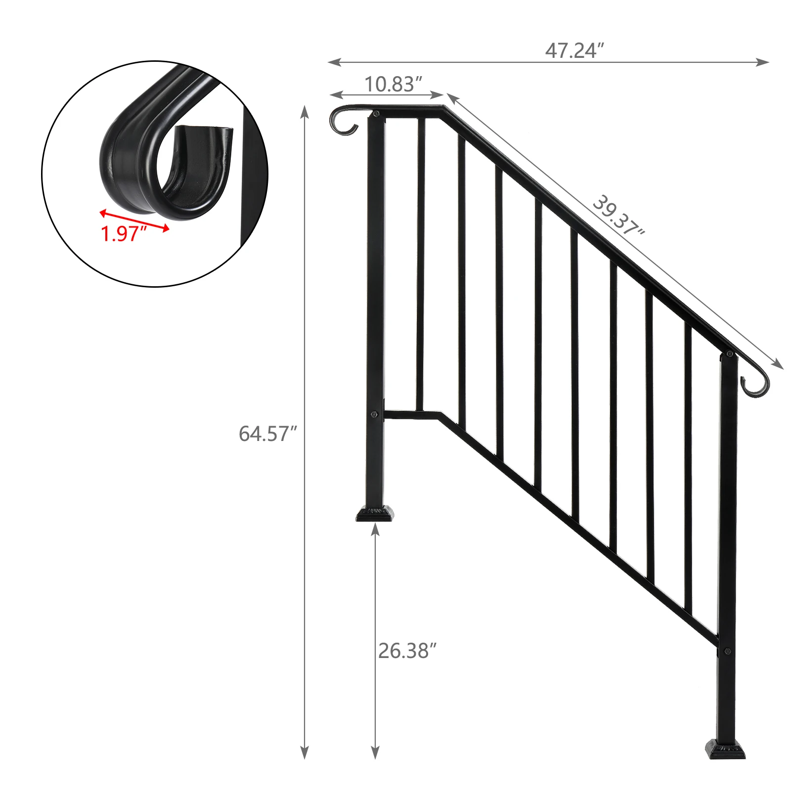 3-stufiger Hoftreppen-Handlauf, geeignet für Gärten, Wohngebäude, Gewerbebürogebäude, Hotels, Mattschwarz