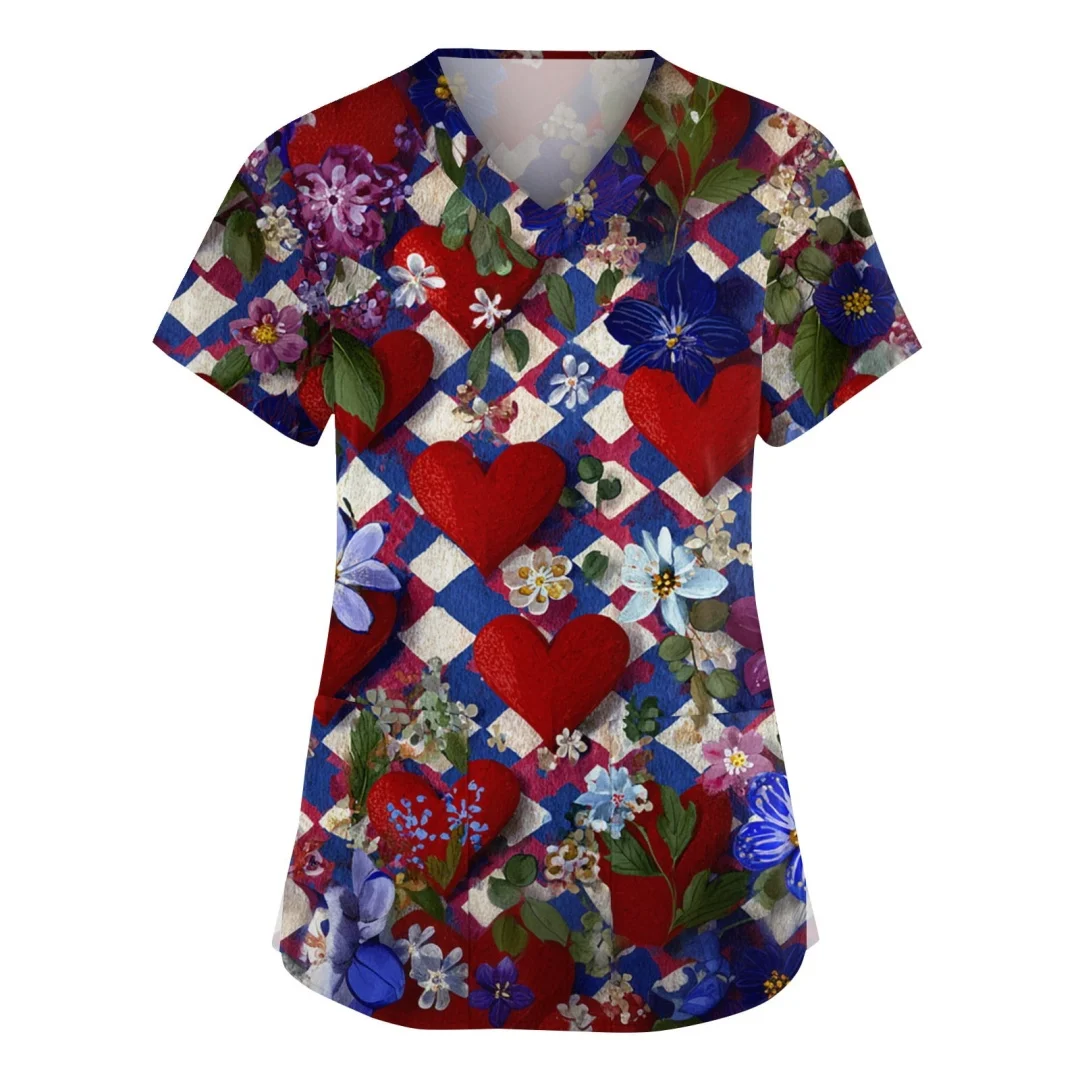 Mode amour dessin animé imprime uniforme chirurgical femmes été décontracté col en v femmes gommage à manches courtes haut uniformes médicaux vêtements