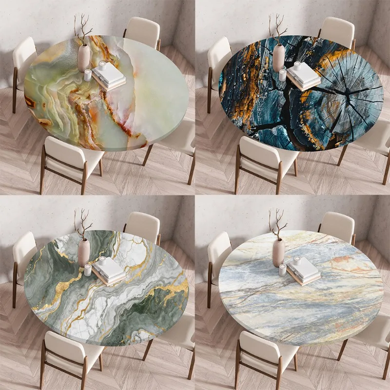 Tablecloth, Table Cloth, No-wash, Waterproof, Oil-proof, Marble-textured, Wood-patterned, Printed, Elastic and Tight Round Cloth