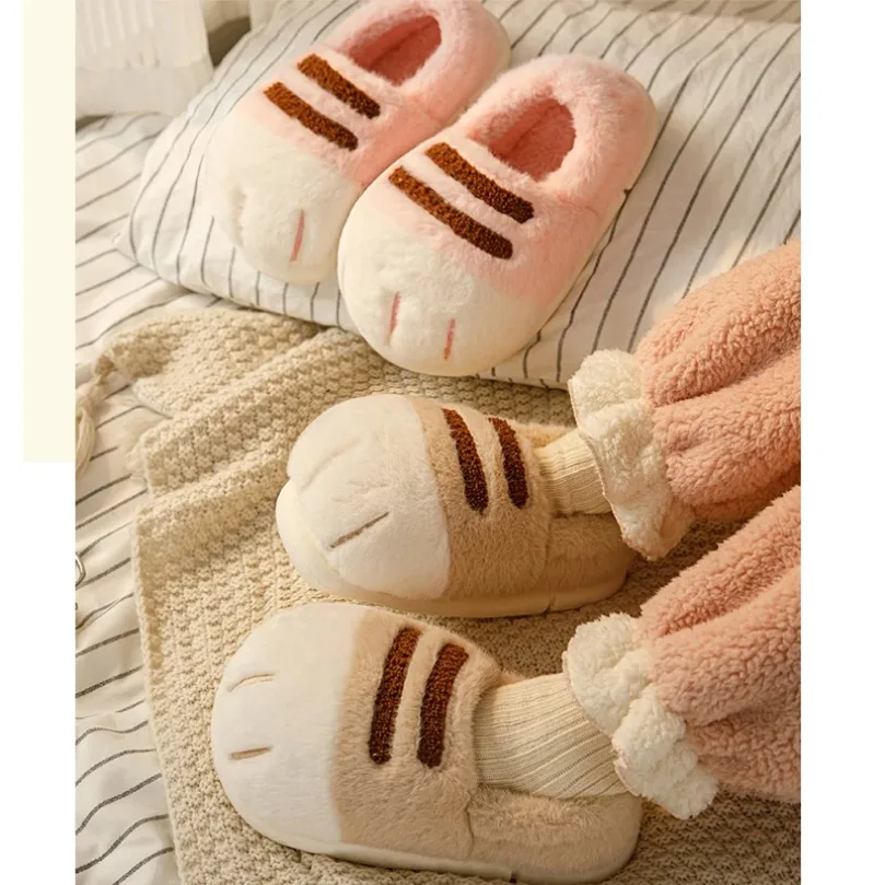Home Fuzzy Slipper Women Winter Warm Cat Paw Claw Fur Plush Indoor Lazy Female Thermal Furry House Shoe Funny Flat flip flop