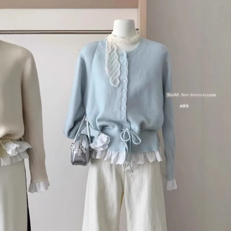 Women Round Neck Knit Cardigan Lace Ruffle Hem Drawstring Waist Long Sleeve Slim Sweater Coat