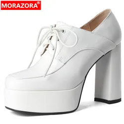 MORAZORA 2024 New Lace Up Ladies Dress Shoes Classics Genuine Leather Shoes Woman Square Toe Thick High Heels Platform Pumps