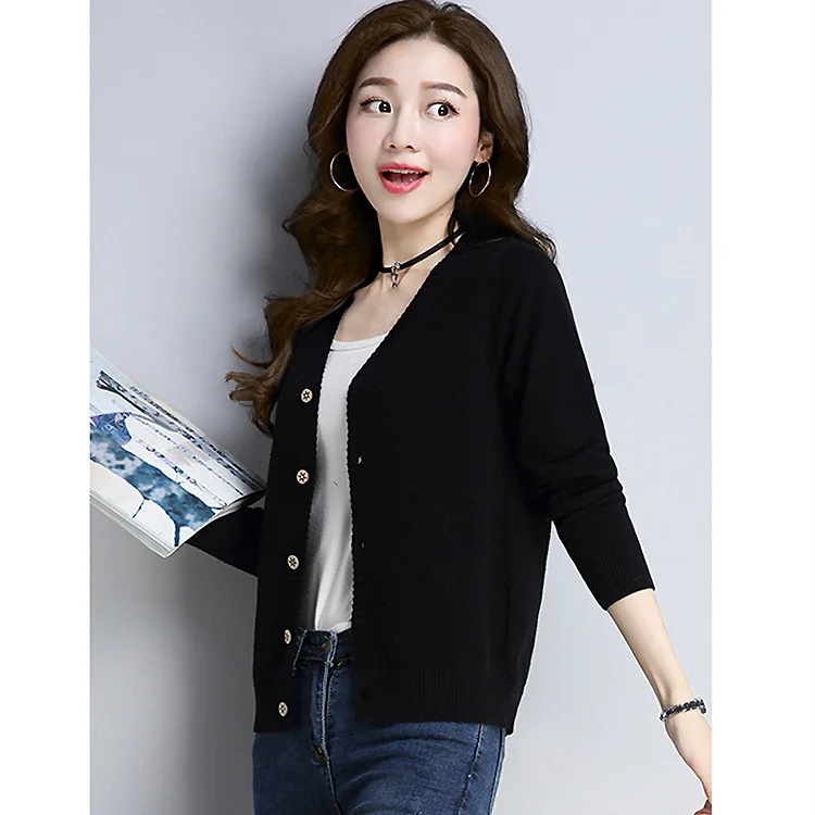 女性のピュアカラー Vネオープンカーディガン シングルボタンニットセーター 多用途韓国スレロングスベコットンブレンドコート