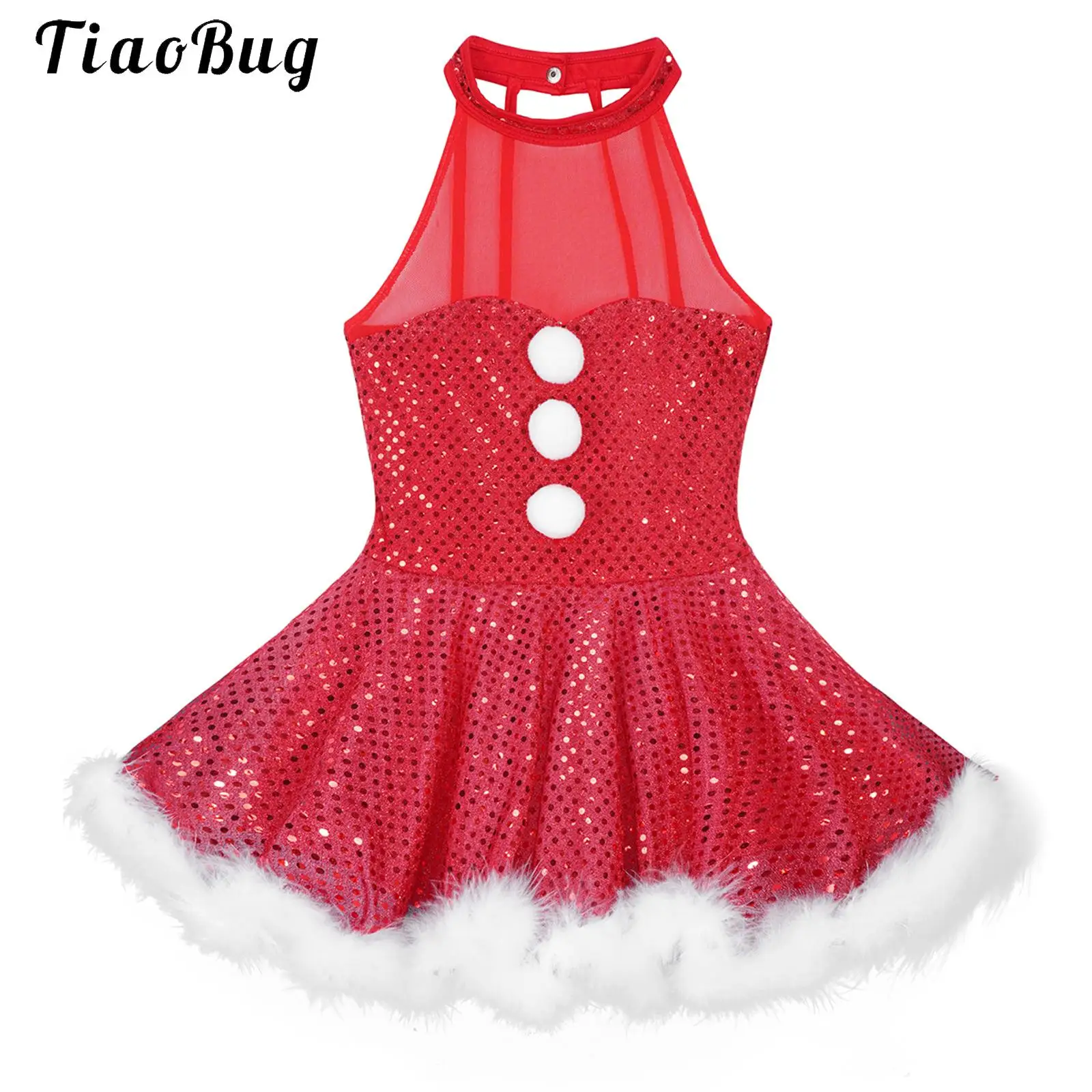 

Shiny Christmas Snowman Dress Girls Princess Party Dress Sequins Halter Neck Tutu Leotard Dress Skating Ballet Dance Costume