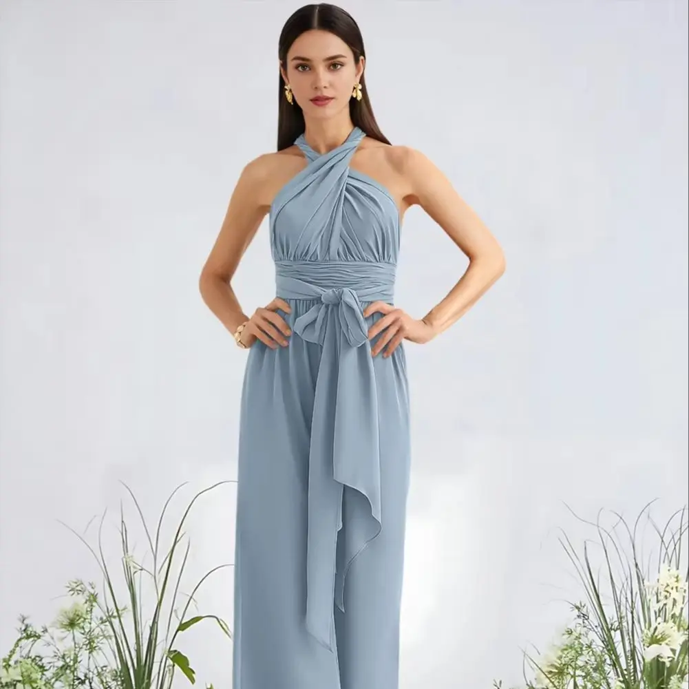 

SCA Women Prom Jumpsuit Bridesmaid Dress Frosted Lilac Halter One Shoulder V-Neck Floor-Length Chiffon Garden Gala Wedding Party
