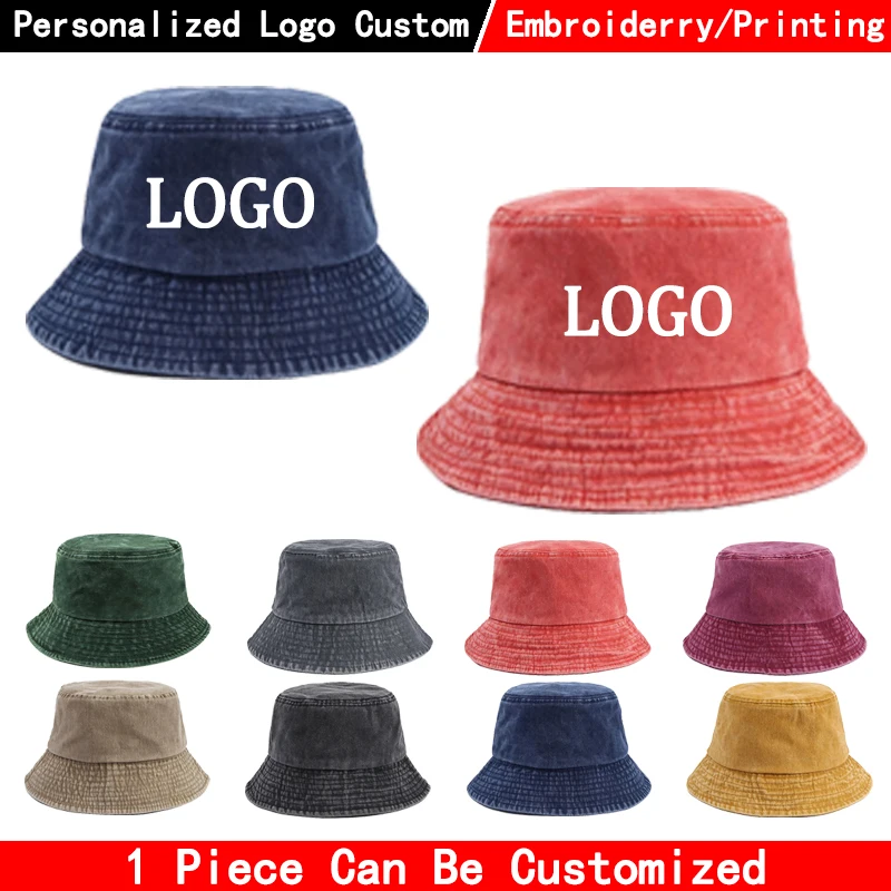 Custom logo Denim Bucket Hat Fashion Washed Denim Cap Design Men Panama Hats Women Outdoor Casual Sunscreen Visor Fisherman Caps