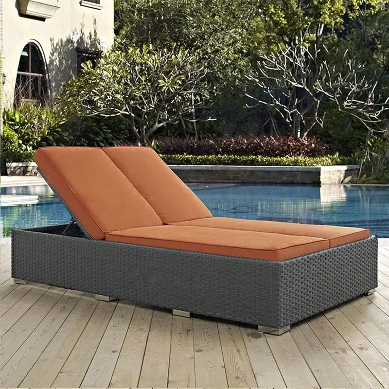 Outdoor furniture double reclining bed courtyard leisure rattan chair reclining bed folding rattan beach chair