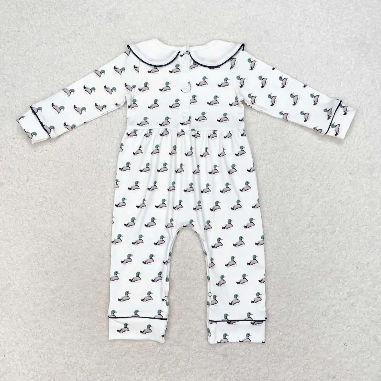 LR0943 Good Quality  Baby Girl Clothes Long Sleeves Top Duck Doll Collar White Print With Jumpsuit  Children Clothes