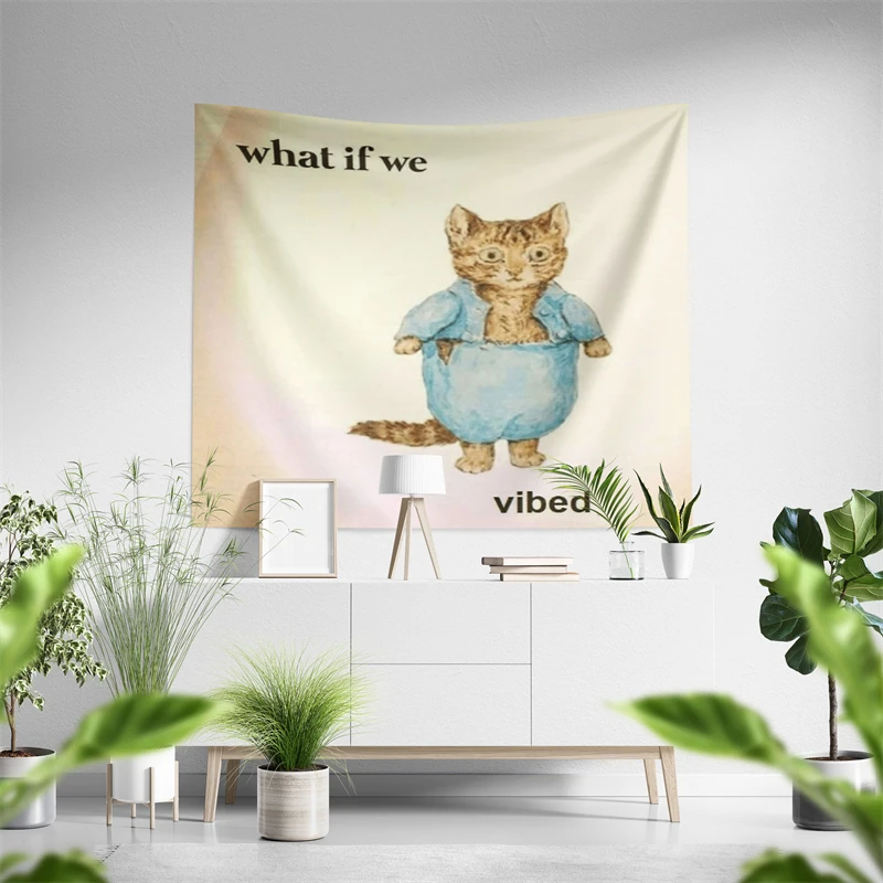 Aertemisi What If We Vibed Cat Funny Meme Tapestry Wall Hanging Art for Bedroom Living Room Decor Party Backdrop
