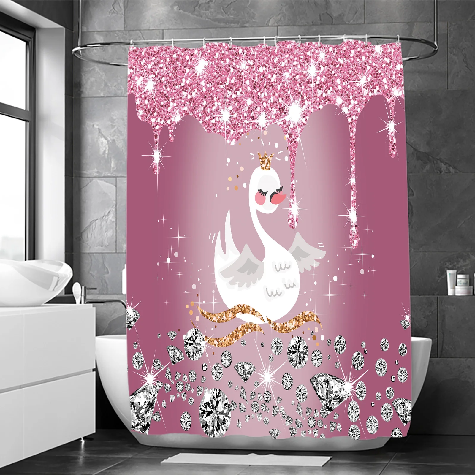 1PC Pink Diamond Crown White goose pattern home decoration Shower curtain Shower room partition curtain 12 plastic hooks 71x71 i