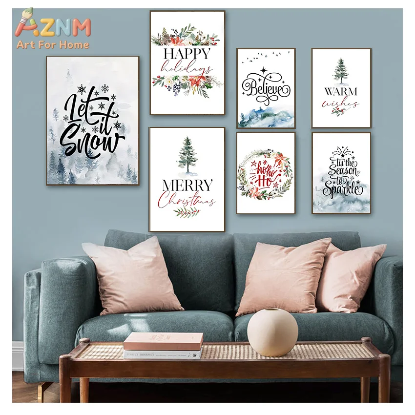 AZNM Watercolor Christmas Quotes Canvas Wall Art Print Decor