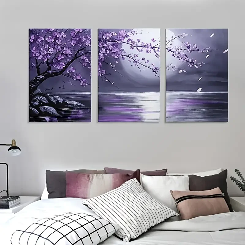 3pcs No Framed Canvas 2D Flat Framed Canvas Wall Art Set - Purple Flowers & Full Moon Design, Wooden Frame, Ready to Hang - Idea