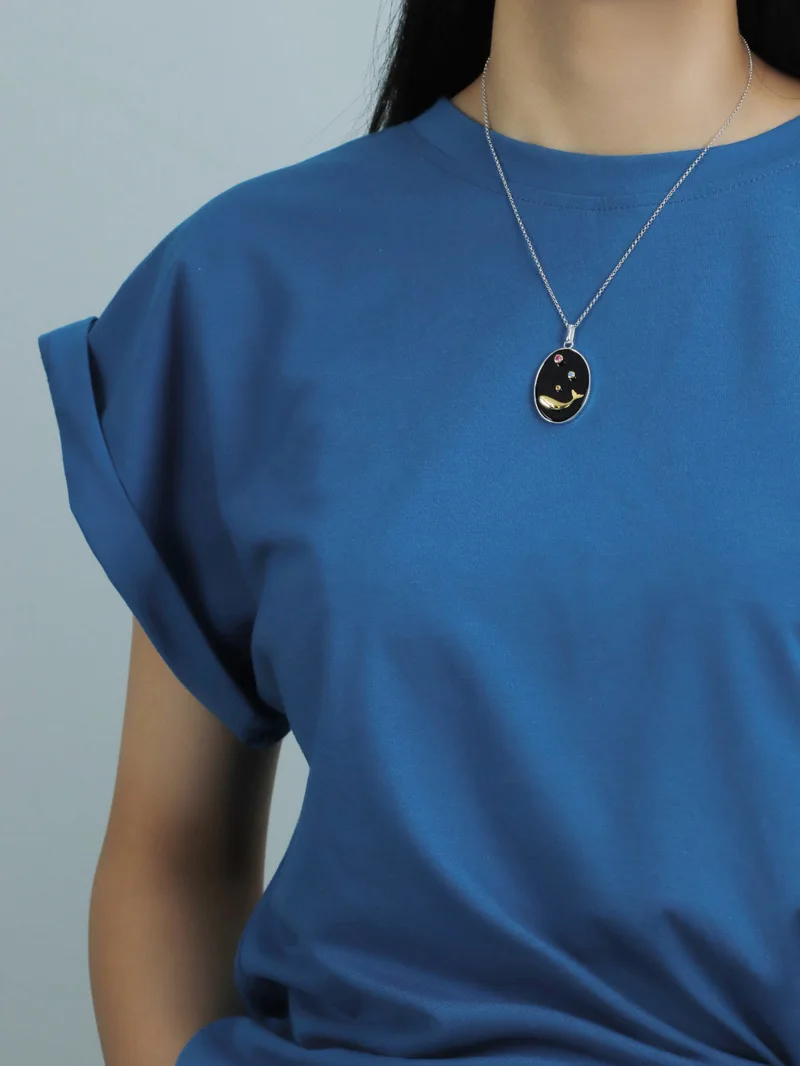 925 Sterling Silver Natural Agate Sea Whale Pendant Necklace for Women Creative Design Summer Jewelry
