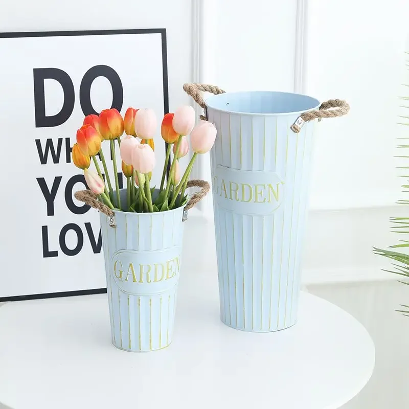 Hemp Rope Large Flower Arrangement Bucket Retro Iron Sheet Vase Household Living Room Dry Flower Decoration Floral Bucket