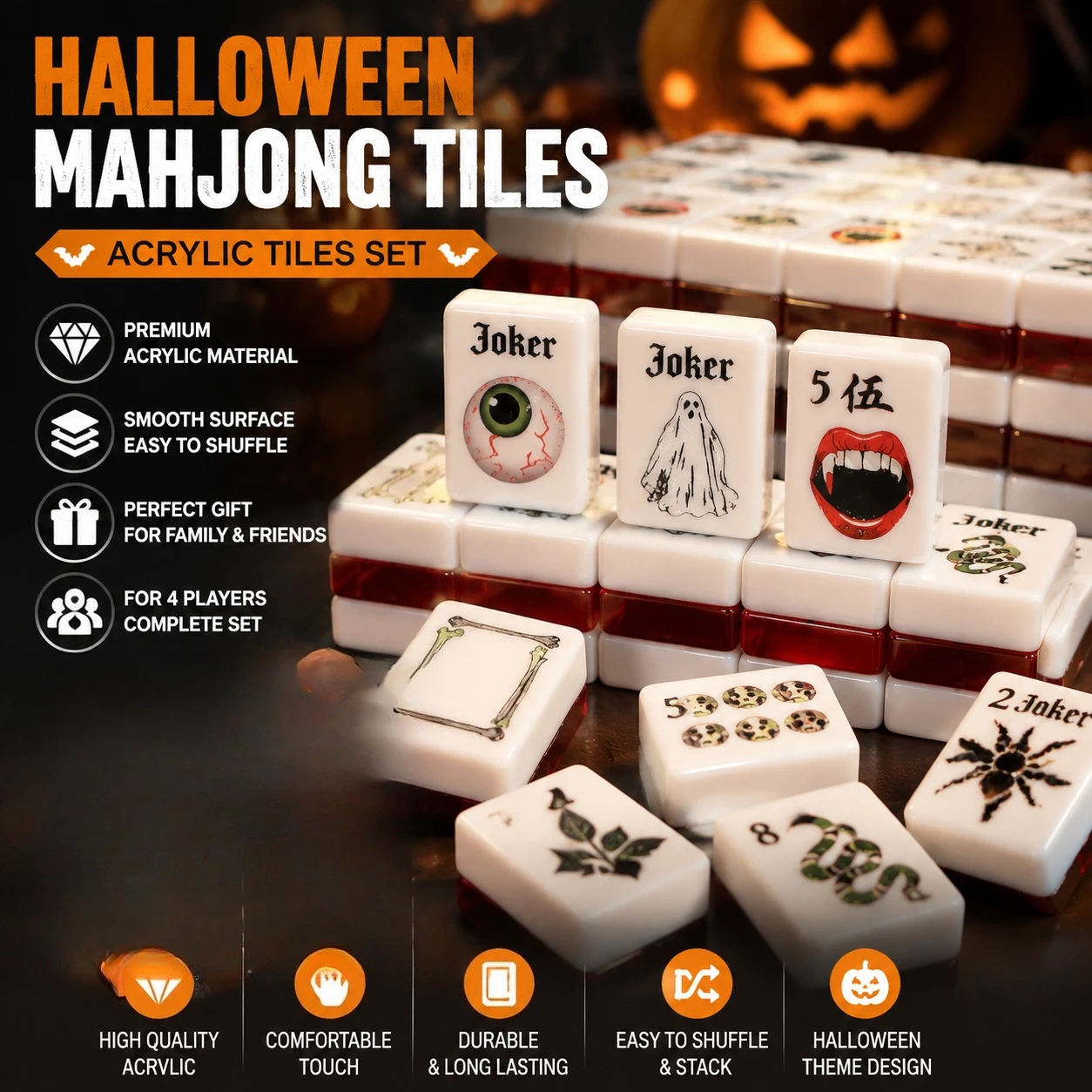 Halloween Mahjong Tiles Set, Red Acrylic American Mahjong Game Set with Joker Tiles, Crystal Resin Tiles for Family Party Gift