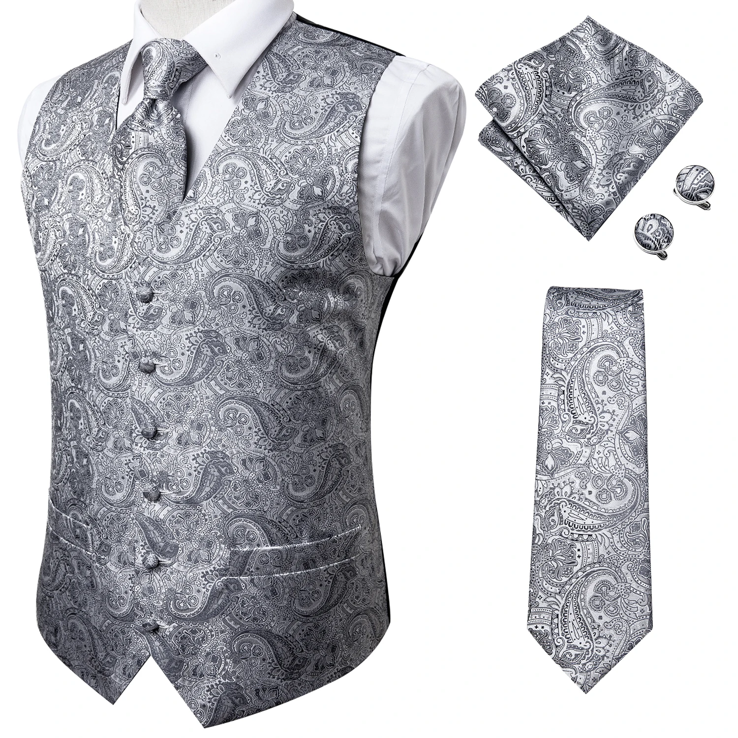Hi-Tie Grey Men Silk Vests Luxury Neck Tie Hanky Cufflinks Brooch Set Classic Paisley Waistcoat for Male Wedding Party Designer