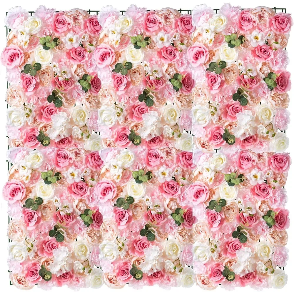 

Flower Wall Panel for Flower Wall Backdrop, 6 Pcs 24" X 16" White & Pink Faux Roses Artificial Flower Backdrop for Wall Decor