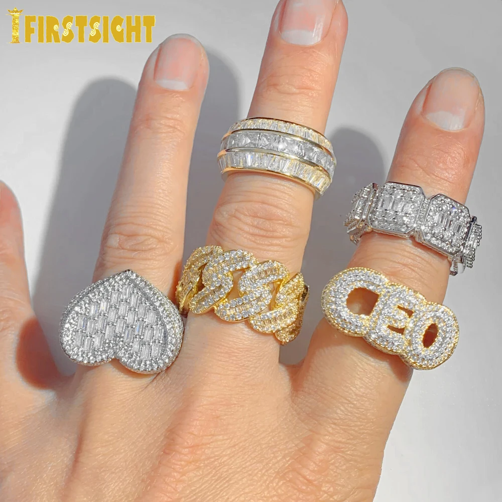 New Gold Silver Color Hip Hop Rectangle 5A Zircon Men Ring Famous Brand Iced Out Micro Pave Cz Heart Big Size Rings Jewelry