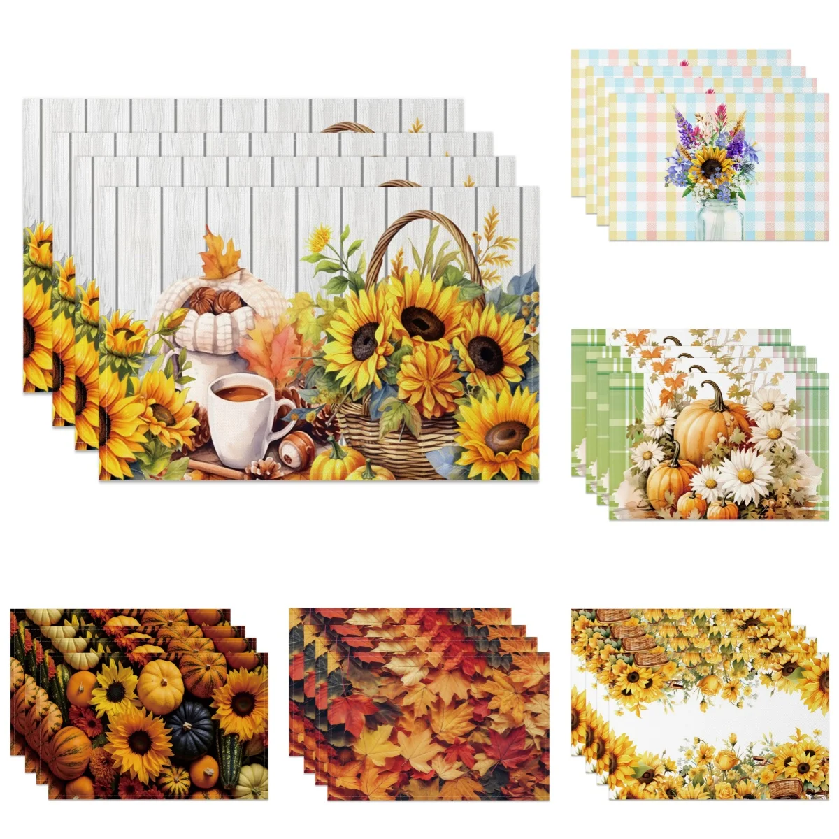 

Autumn Harvest Placemats Sunflower Pumpkin Fall Leaves Printing Cozy Seasonal Table for Dining High Tea Wedding Decoration
