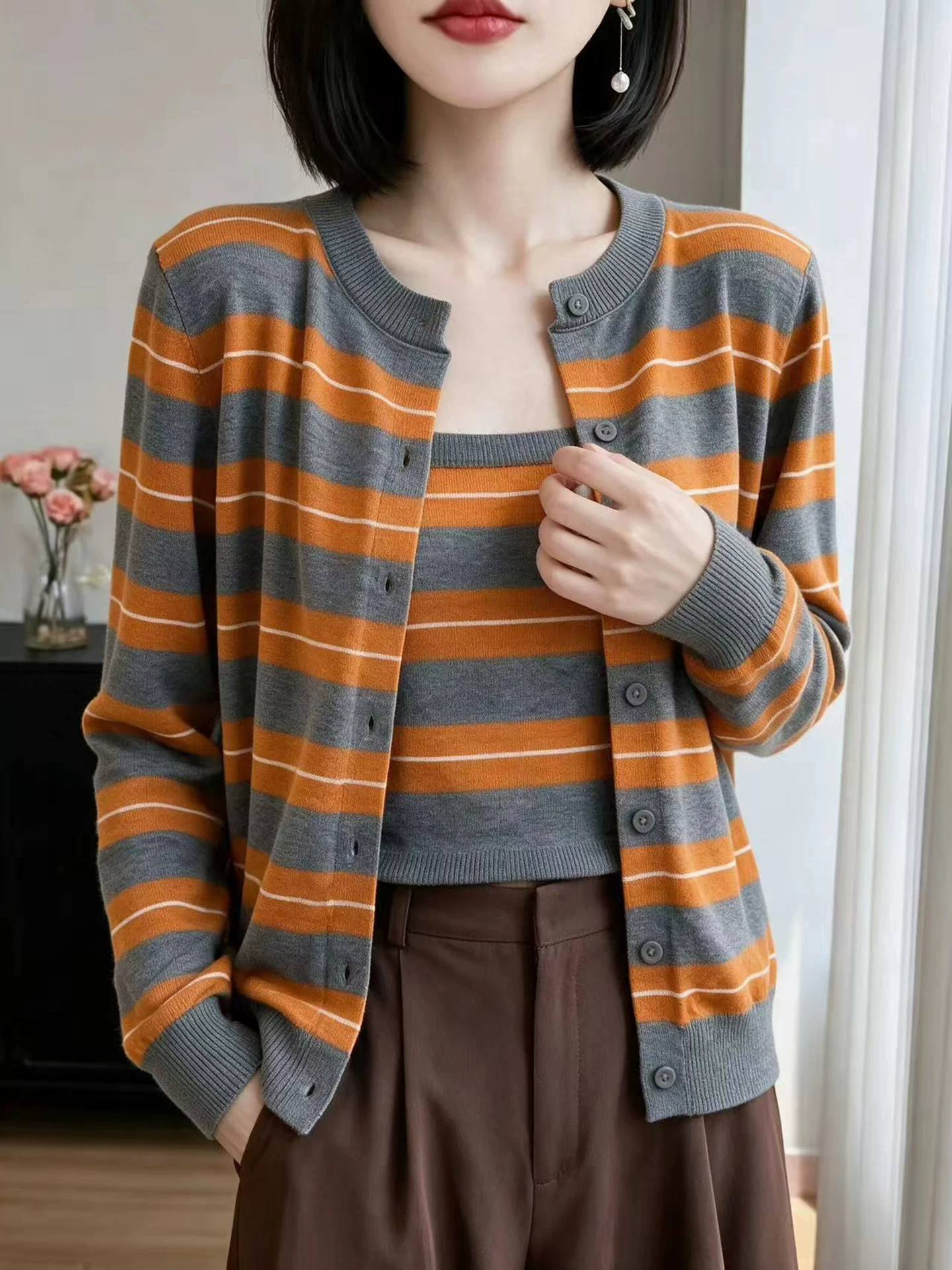 Women's Short Knitted Long Sleeve round Neck Color Block Striped Outerwear Top Spring Autumn New Arrival Soft Comfortable Fit