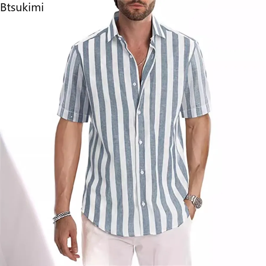 Fashion New Men's Summer Striped Short Sleeve Shirt Breathable Casual Beach Blouse Laple Button-up Loose Versatile Shirt for Men