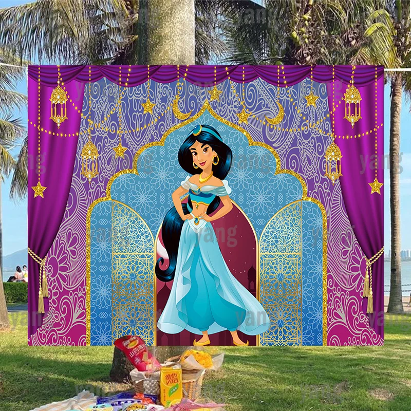 Disney Cartoon Aladdin Princess Jasmine Custom Backdrop Birthday Party Decoration Colorful Lace Streamer Photography Background