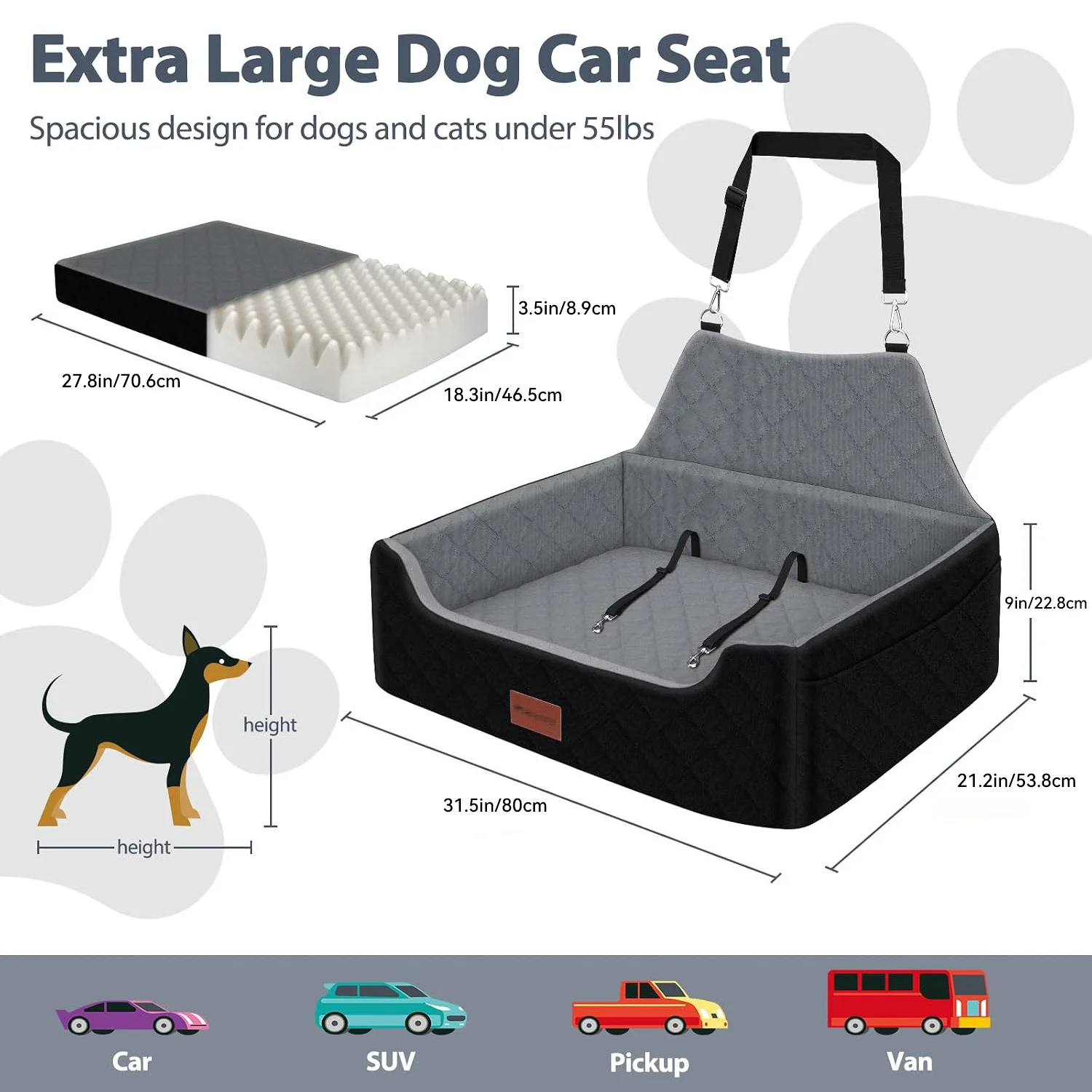 Open-Style Car Dog Bed, Car Safety Seat for Medium and Large Dogs, Back Seat Travel Pet Sponge Bed