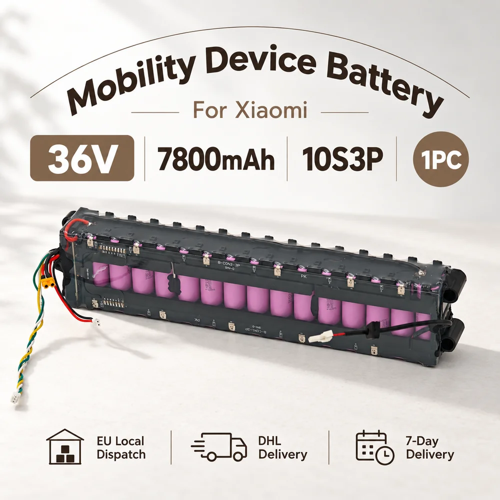 Batteria di ricambio agli ioni di litio 36V 7800mAh 10S3P M365 per monopattini elettrici Xiaomi serie M365, disponibile in confezioni da 1 o 3 pezzi e con caricabatterie in dotazione.