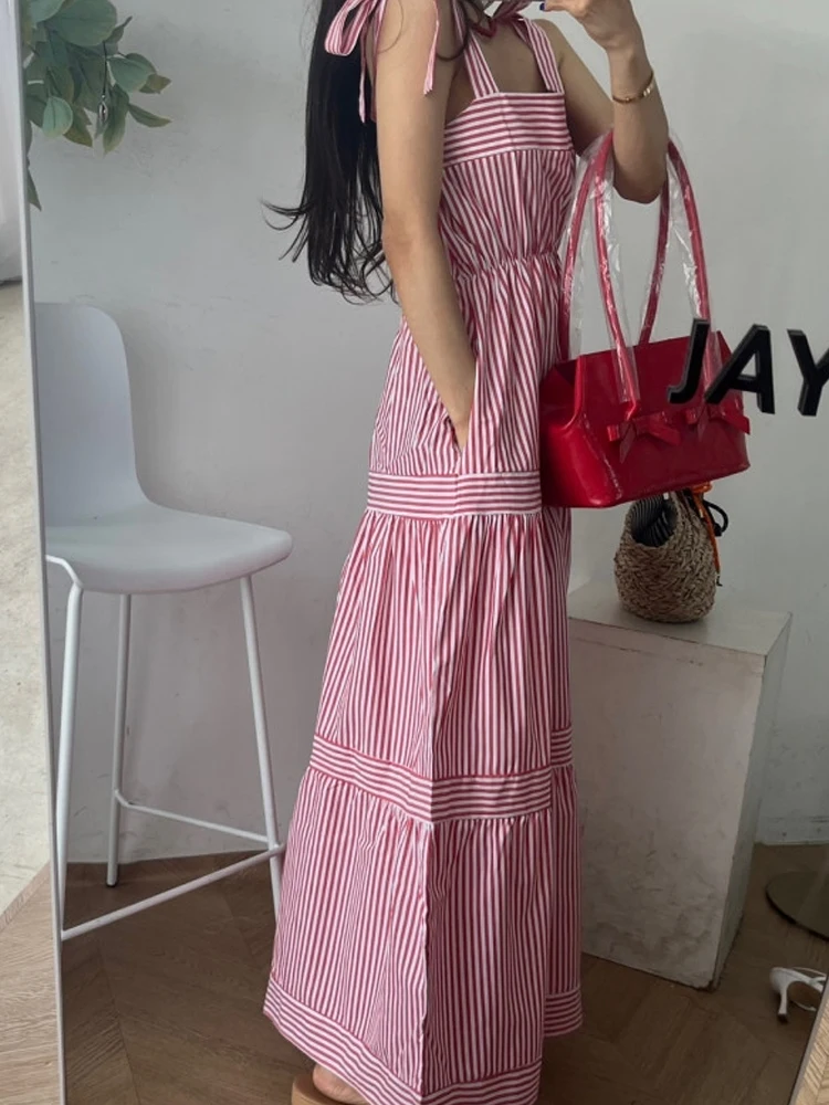 Zomer Streep Band Dr Losse Strand Vaion Fee Rok Hoge Taille A-lijn Jurk Koreaanse Sle No Sve Lange Dr