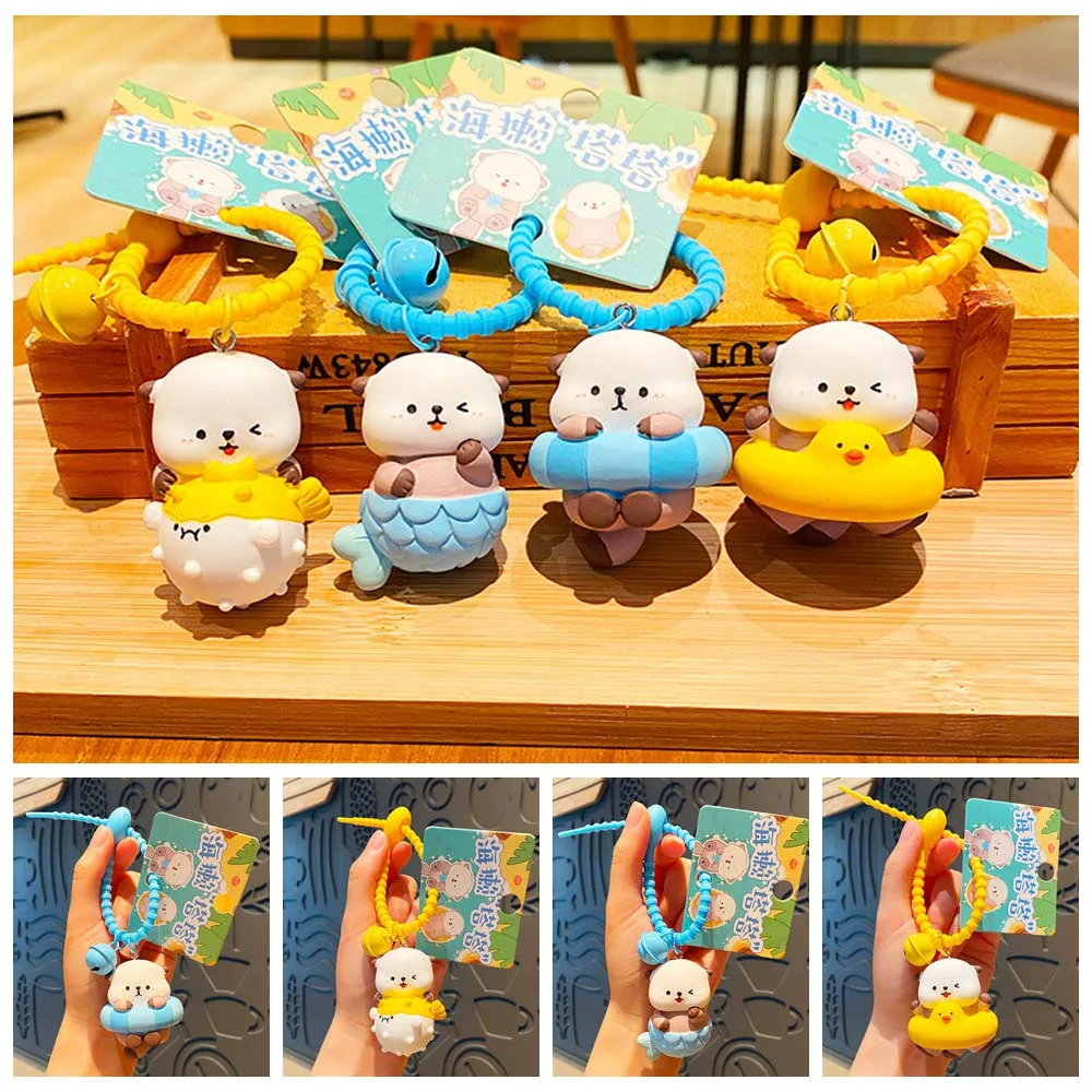 PVC Animals Doll Cartoon Otter Keychain Keys Accessories Holding Fish Shape Otter Bag Pendant Portable Bag Hanging