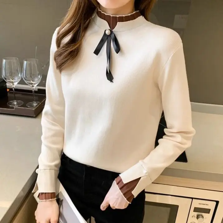 

Fancy Bow Rond Collar Women's Sweater Autumn Winter Fake Two Pieces Knitting Pullover Versatile Sweaters Top for Female M220