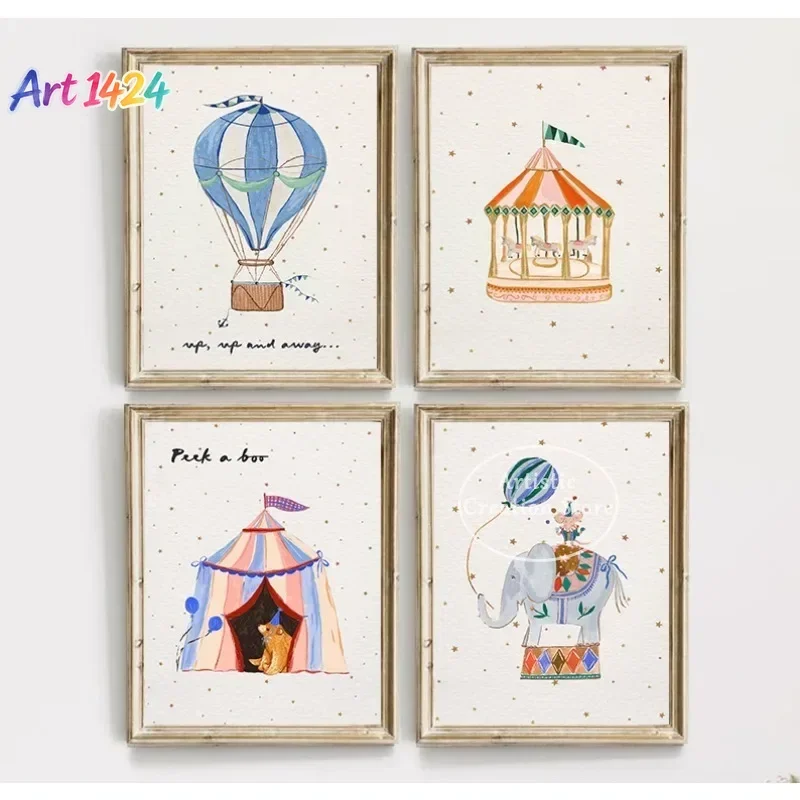 Watercolor Whimsical Funfair Carousel Circus Animal Nursery Illustration Poster Canvas Painting Wall Art Pictures Home Decor
