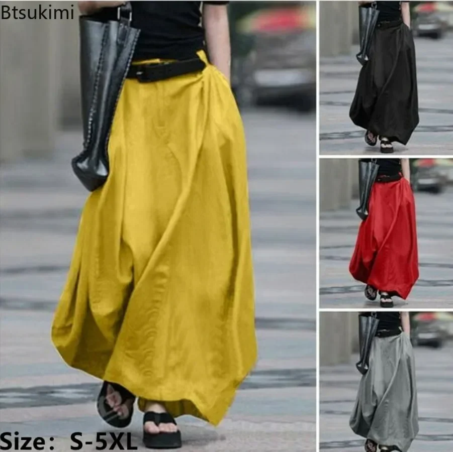 

2024 Vintage Summer Skirts Women High Waist Solid Party Skirt Female Beach Maxi Cotton Long Skirts Oversize 4XL 5XL A-Line Skirt
