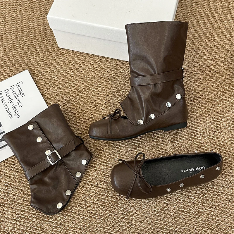 Buckle Internal Elevation Shoes Vintage Autumn Slip On Mordern Booties Women Detachable Rivet Mid Calf Boots Bow Strap