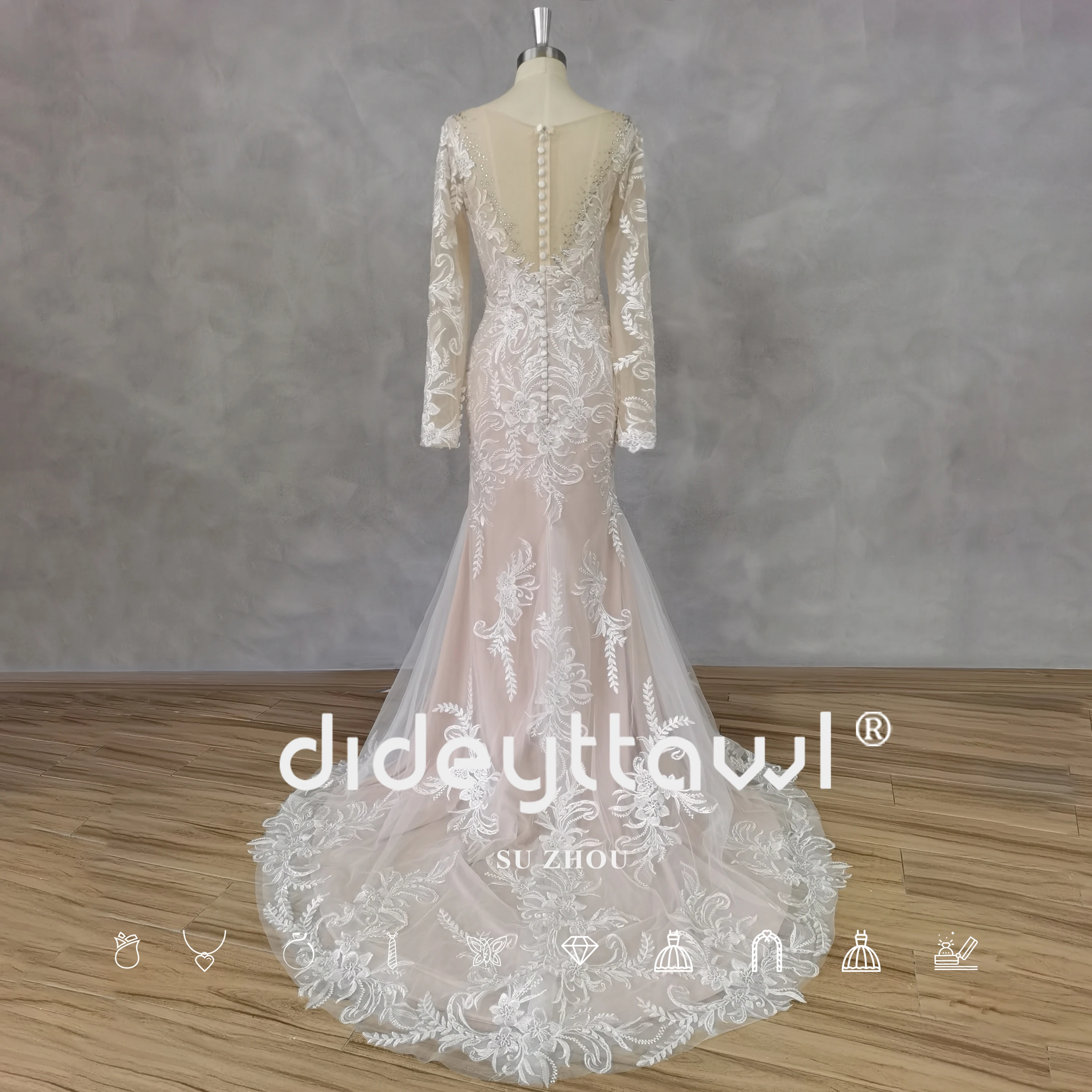 DIDEYTTAWL Real Picture V-Neck Long Sleeves Appliques Tulle Mermaid Wedding Dress Illusion Back Court Train Bridal Gown