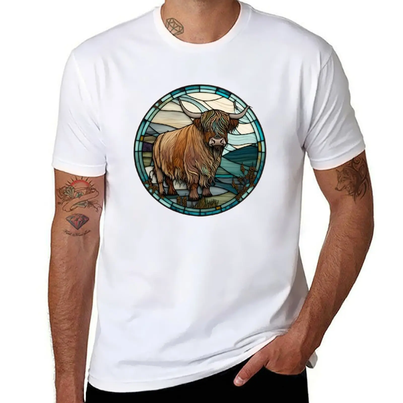 

in luxury cotton high shirt Scotland t from shirts Scottish Longhorn t man Highland Cow T-Shirt Hairy Cow Glass Stained quality