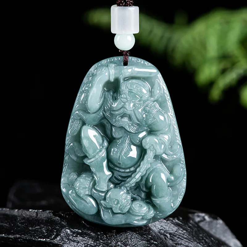 Blue Myanmar Jadeite Zhong Kui Pendant Necklace Talismans Luxury Real Jewelry Natural Burmese Jade Carved Gemstone