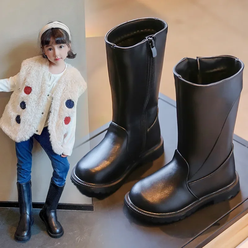 Girls High Boots Black PU Leather Kids Long Boots 2024 Autumn Winter Fashion Warm Fur Children Motorcycle Boots Simple Classic