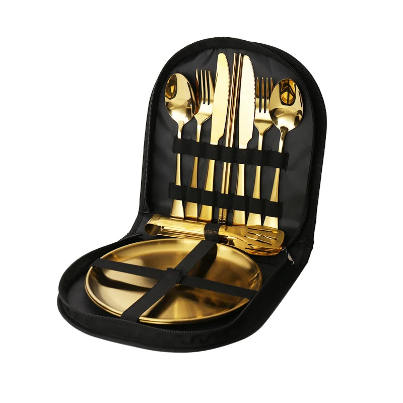 

Outdoor Stainless Steel Cutlery Set, Portable Travel Camping Barbecue Pan, Food Tongs Knives Forks and Spoons