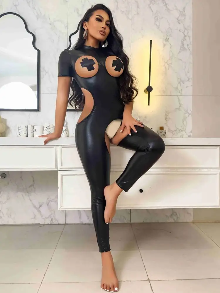 Hollow Out Bust Short Sleeve Faux PU Leather Catsuit Crotchless Open Crotch Bodysuit Tights Sexy Clubwear Leotard Unitard Body