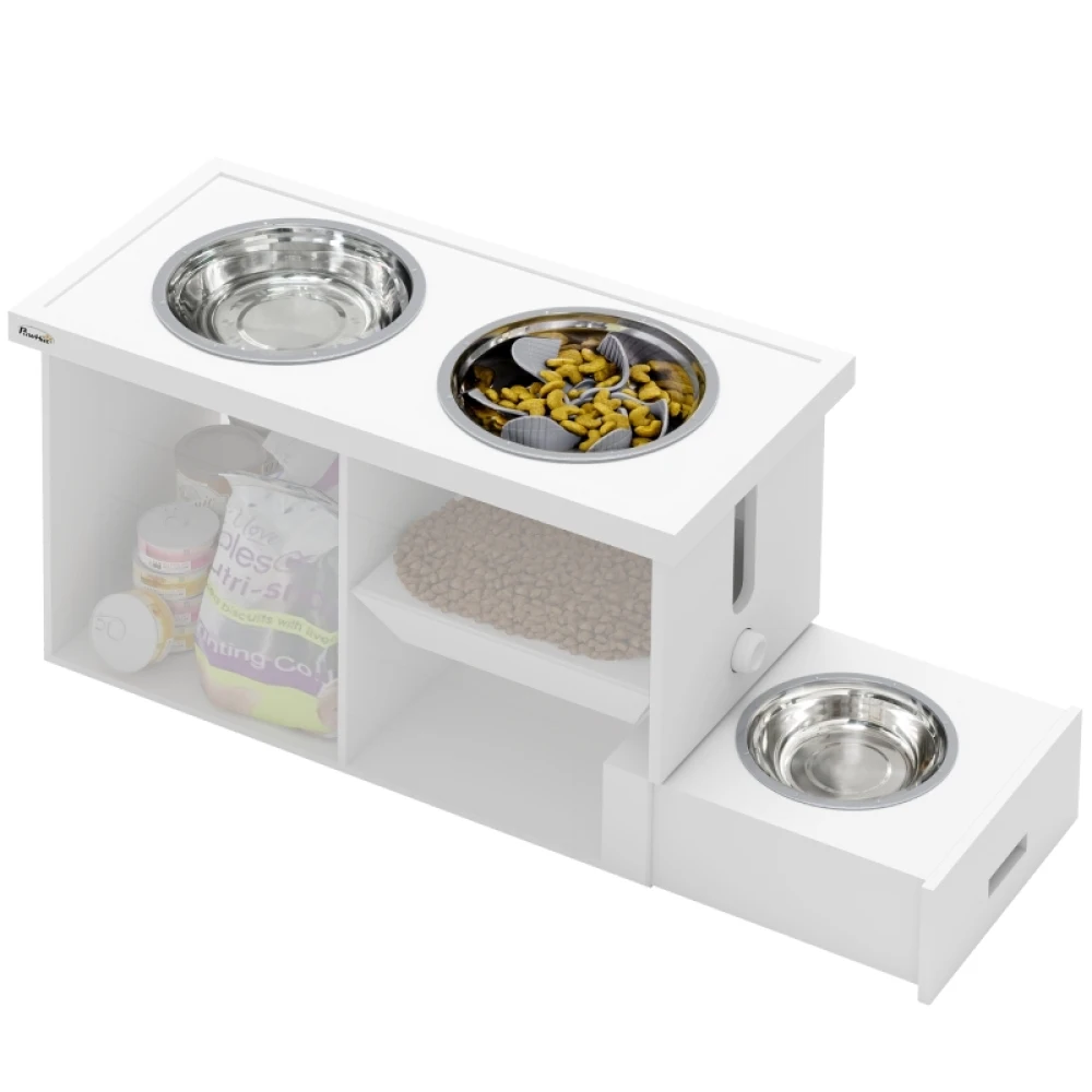 Elevated Dog Bowls Set with Slow Feeder and Storage