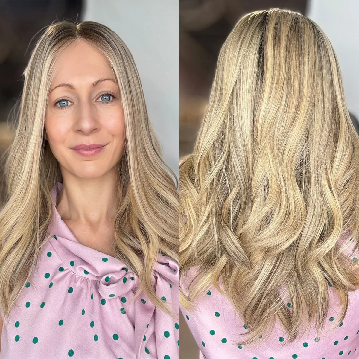 

Soft 18 Inches Medium Length Loose Wave Synthetic Lace Top Wigs Highlights Realistic Look Natural Hairline Brunette Fibre Wigs