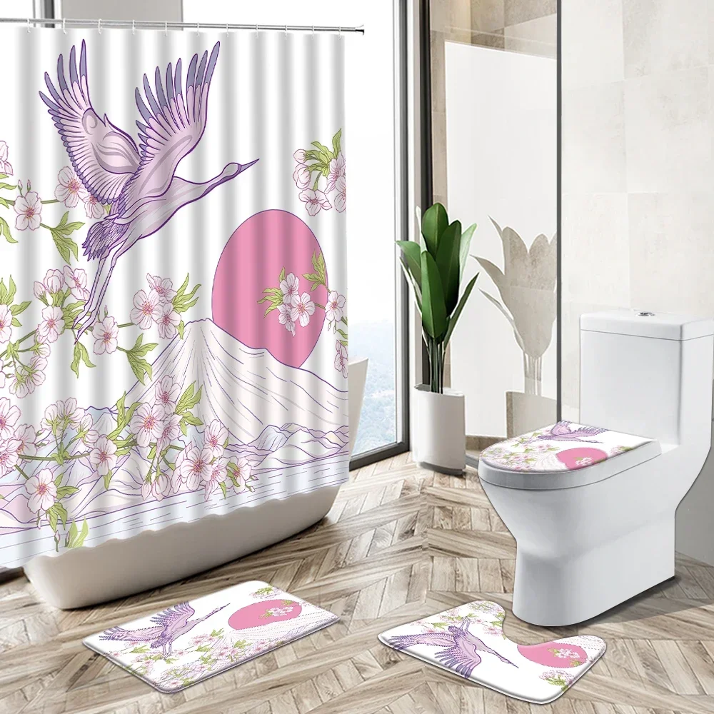 Japanese Pink Cherry Blossom Shower Curtain Plant Leaves Flower Mount Fuji Scenery Pedestal Rug Toilet Cover Bathroom Deco Set