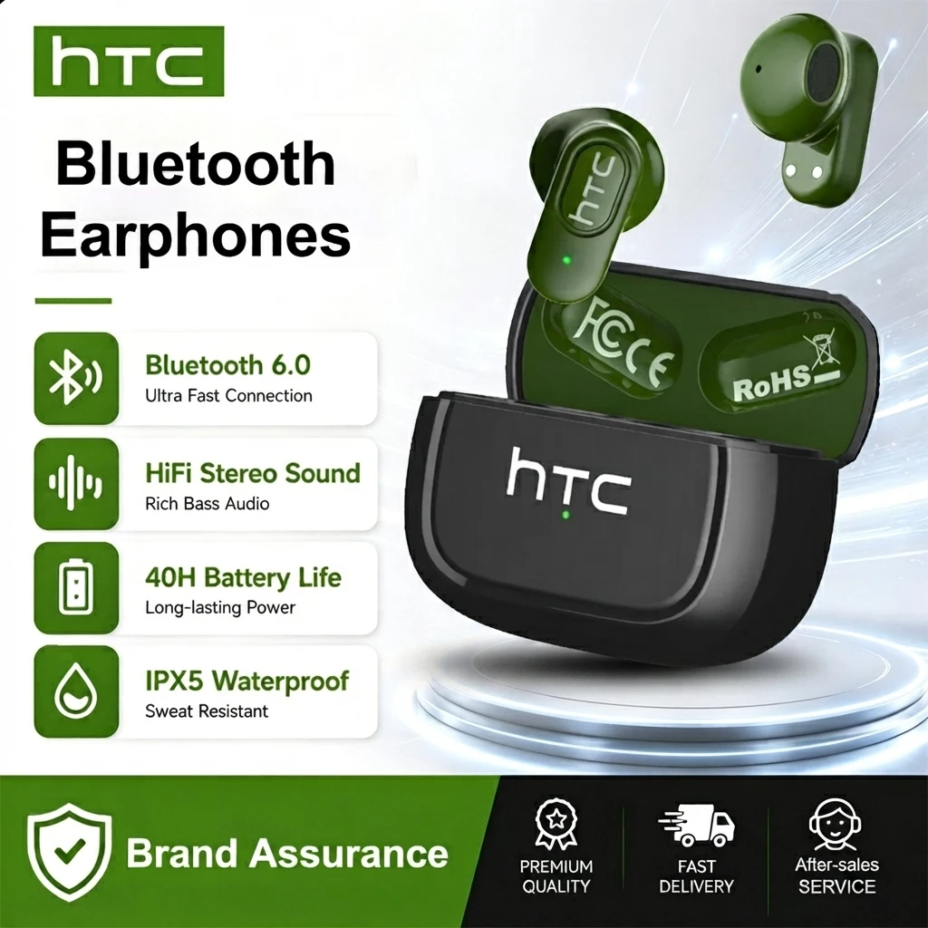 HTC NE51 Bluetooth Earphones TWS Sport Headphones With Mic In-Ear AI Translator Earbuds Wireless Low Latency Stereo Sound