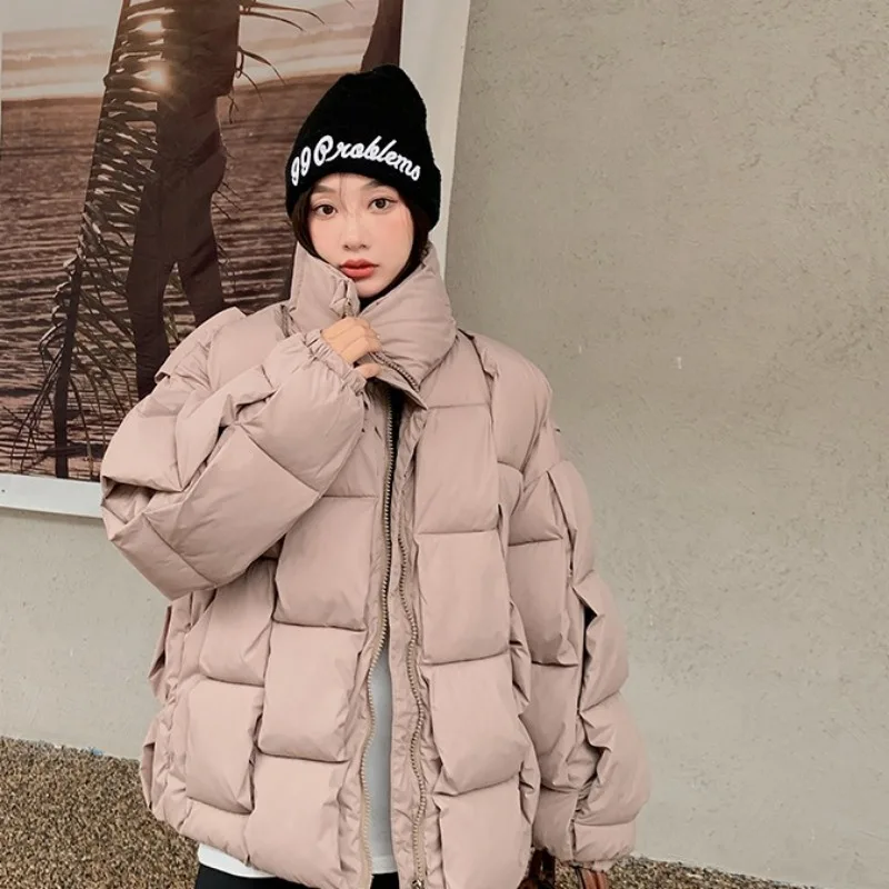 Women Clothing Winter Thicken Warm Loose Fashion Quilted Jacket Men's and Women's Comfort Stand Collar Windproof Zippers Coats