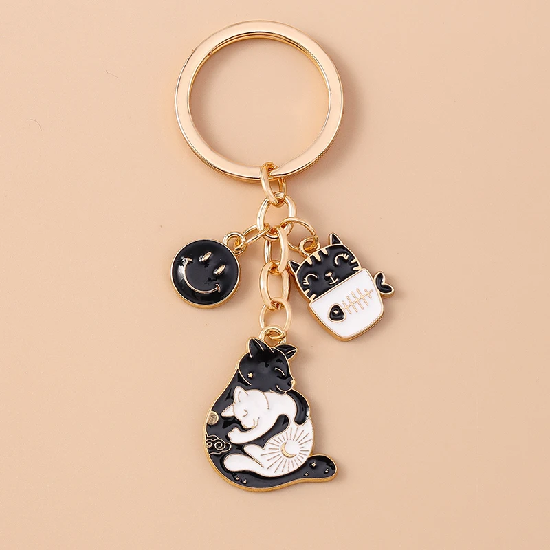 Cute Enamel Cartoon Cat Keychain Potted Plant Flower Key Ring for Women Girls Handbag Pendants DIY Handmade Jewelry Gift