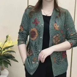 Cárdigan de punto de manga larga con cuello en V para mujer, cárdigan elegante con estampado de dibujos animados, ropa de otoño e invierno