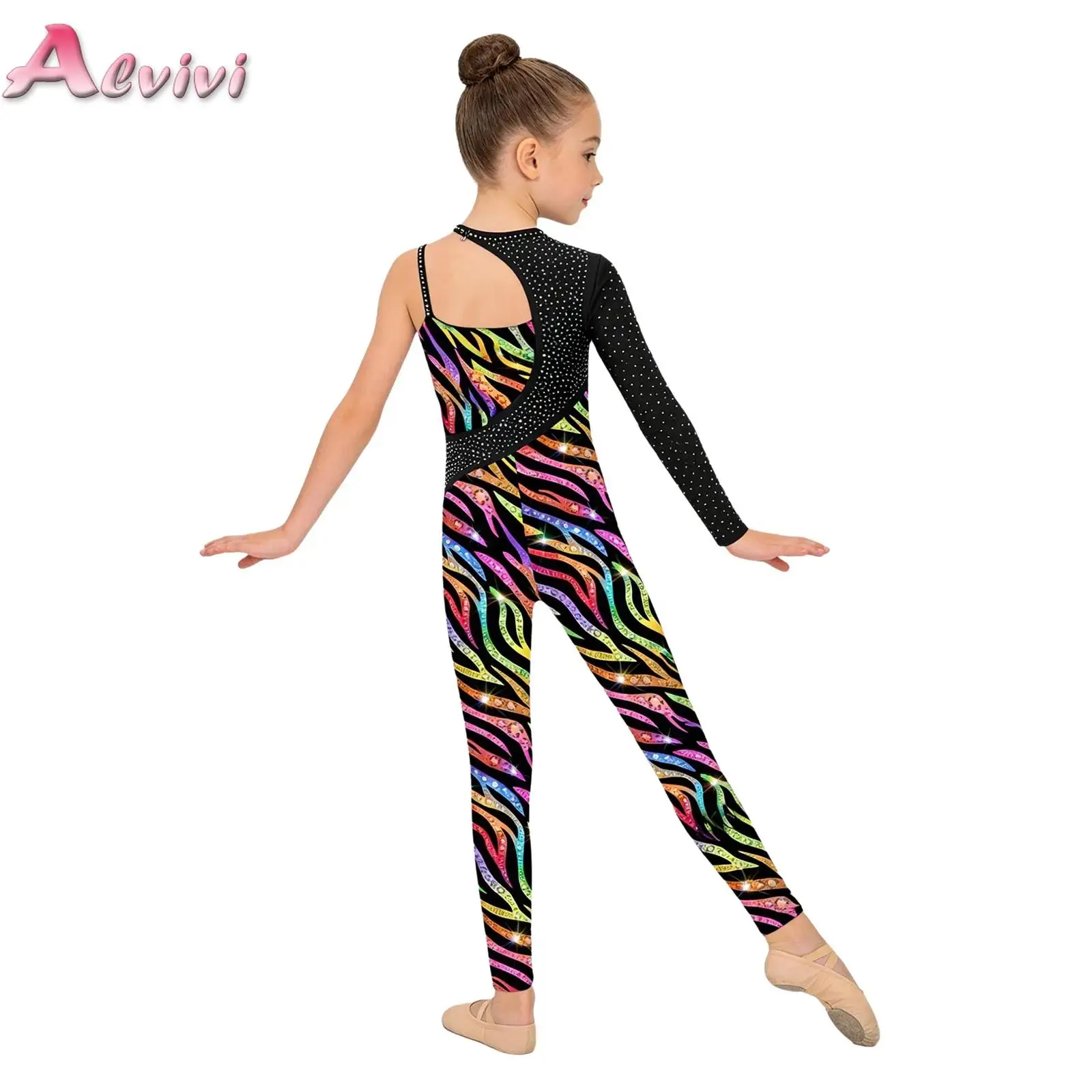 

Kids Shiny Rhinestone Printed Gymnastics Dance Jumpsuit Girls Asymmetrical Full Length Bodysuit for Performance Competition
